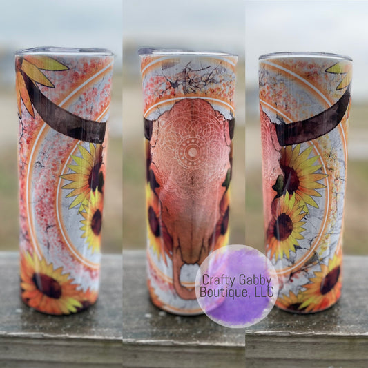 RTS Sunflowers and Cow Skull, Glossy 20oz Skinny Tumbler
