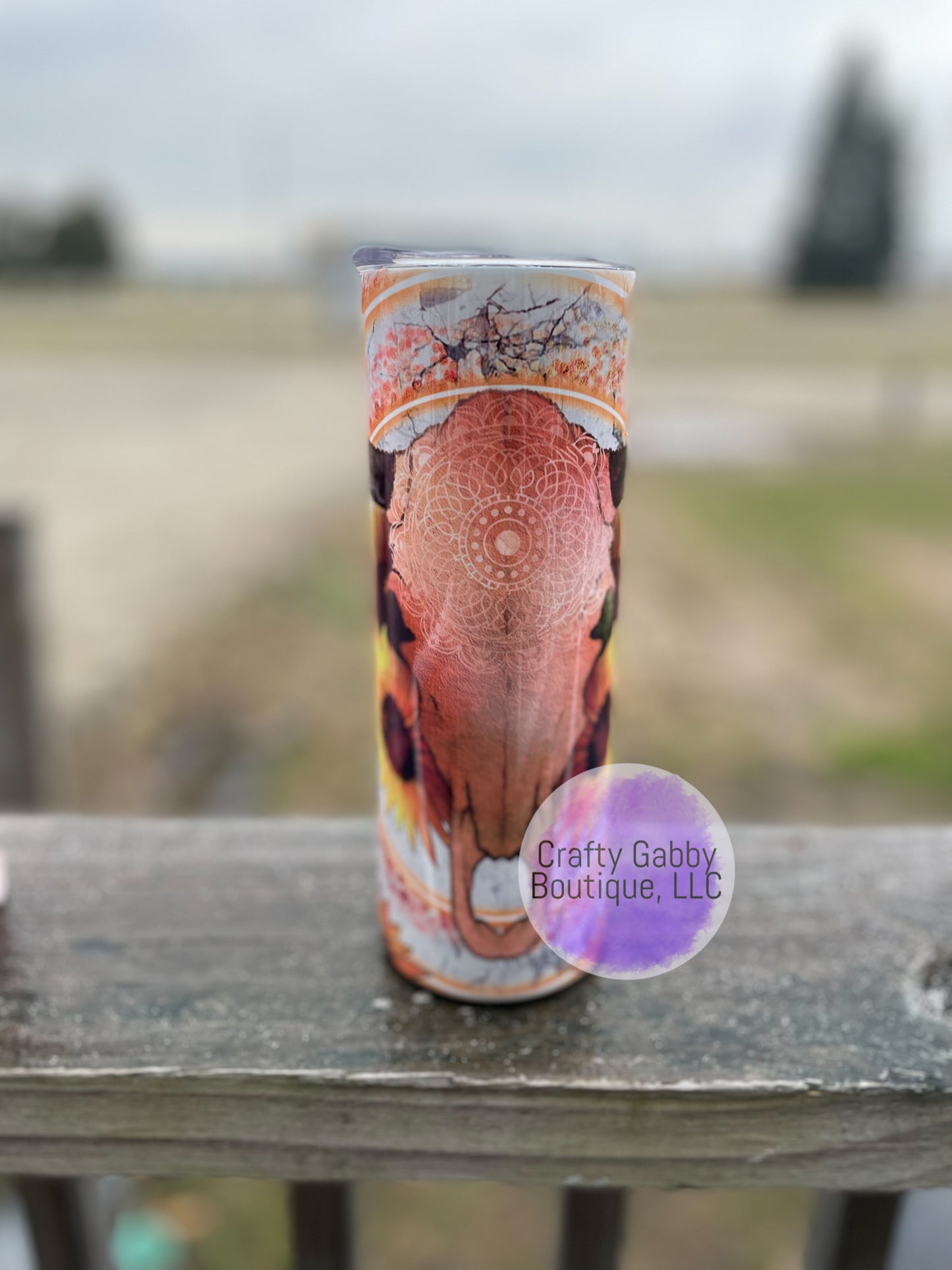 RTS Sunflowers and Cow Skull, Glossy 20oz Skinny Tumbler